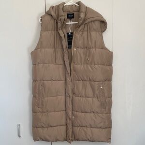 Stoosh Beige Hooded Long Puffer Vest Sleeveless Quilted Coat Side Zip M